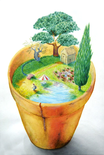 Achile - illustration d'un jardin dans un pot de fleur