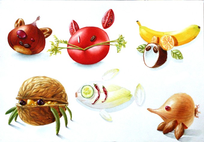 Achile - illustration de fruits et légumes - Lavis Colorex et crayons de couleurs