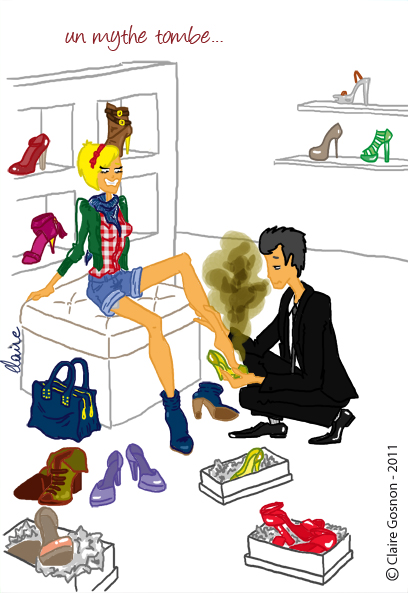Claire Gosnon - Illustration d'une femme en train d'essayer des chaussures dans une boutique avec une odeur de pieds désagréable