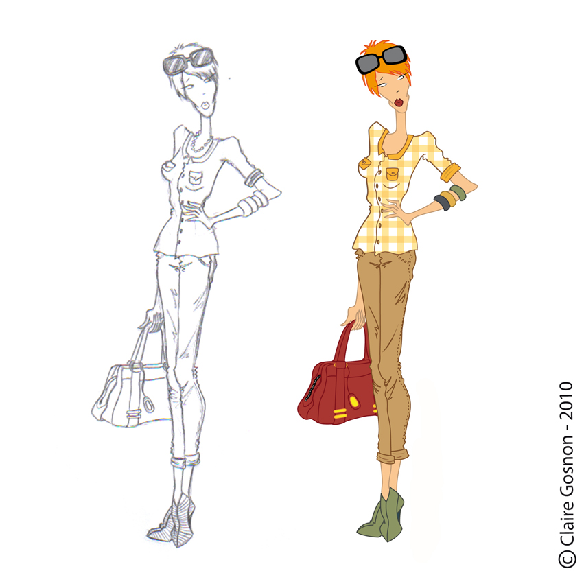 Claire Gosnon - illustration d'une femme chic avec son sac à main et ses lunettes de soleil